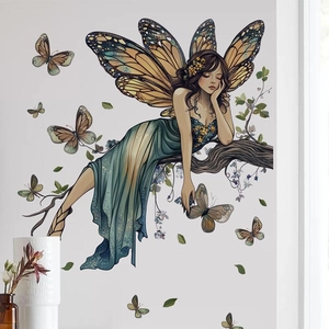 Wandtattoo Fee und Schmetterling mit schlafender Nymphe auf Ast für Mädchenzimmer Deko