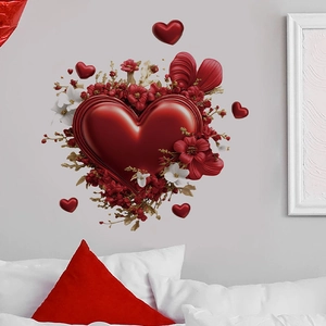 3D red heart wall sticker with white flowers for bedroom romantic decor
