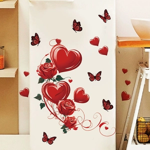 Red Rose Heart Butterfly Wall Sticker PVC Waterproof Self Adhesive Removable Decal For Bedroom Living Room Valentine Decor