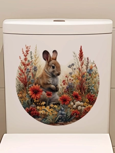 Detail of a watercolor Easter bunny and colorful flowers on a white ceramic toilet lid sticker
