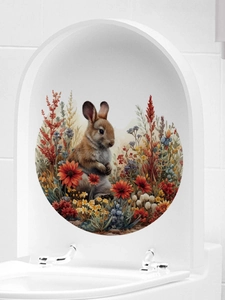 Detailed watercolor bunny with flowers on a white self-adhesive PVC toilet seat lid sticker