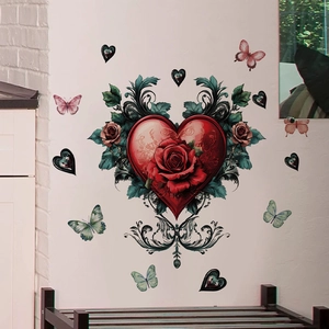 Gothic wall sticker featuring red roses, heart, black floral scrolls and butterflies