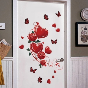 Romantic red heart and rose PVC wall stickers on a white door for home decoration