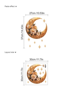 Détails du kit sticker mural lune dorée fleurie avec dimensions de pose et disposition