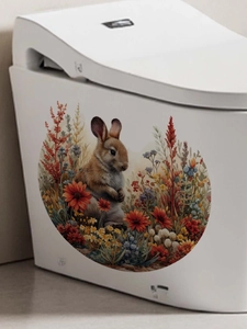 Detailed view of vintage rabbit and flower PVC sticker applied to white toilet surface