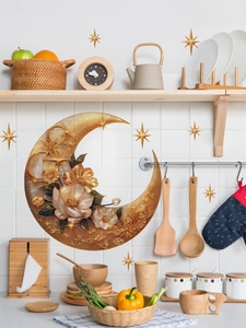 Détails de stickers muraux lune et étoiles dorées en PVC sur carrelage blanc