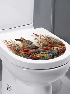 Detailed view of Easter bunny and colorful flowers PVC sticker on a white toilet lid