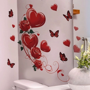 Romantic red rose heart balloon and butterfly wall decals for bedroom decoration
