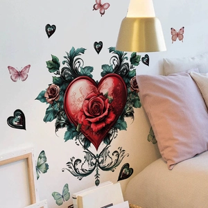 Romantic red heart with rose wall decal featuring green leaves and butterflies for bedroom