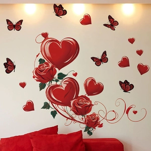 Romantic red rose and heart balloon PVC wall stickers for living room decor