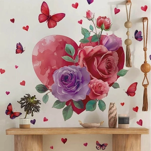 Romantic PVC wall stickers featuring red heart with pink roses and colorful butterflies