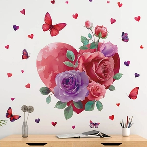 Romantic red heart and multi-color roses wall sticker for bedroom and living room decor