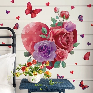Romantic red heart and purple rose PVC wall stickers with butterflies for bedroom decor