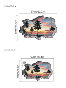 Detail showing 3D wall sticker layout size and pasted tropical beach sunset effect