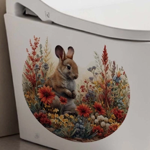 Easter bunny and floral wall sticker with realistic rabbit and colorful wildflowers