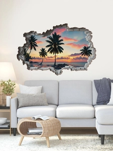 Modern living room featuring a 3D wall sticker with tropical beach sunset and cracked wall effect