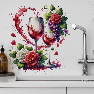 Romantisches Wandtattoo mit Weingläsern und Rosen aus PVC für moderne Küchendekoration