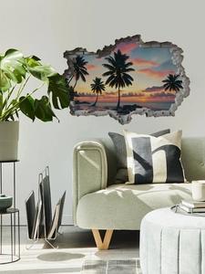 Detail of 3D sea view wall sticker showing realistic sunset beach scene and broken wall edges