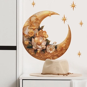 Stickers Muraux Lune Dorée Florale Et Étoiles PVC Auto-Adhésifs Amovibles Décalcomanies Murales Pour Salon Chambre Déco