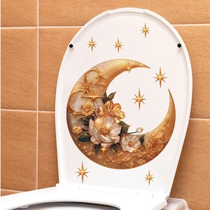Sticker mural croissant de lune doré avec fleurs blanches et étoiles élégantes