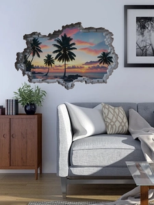 Detail view of 3D tropical beach wall sticker with sunset beach and palm trees