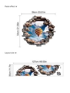 Vue détaillée de la taille du sticker mural 3D et effet de collage avec montgolfières