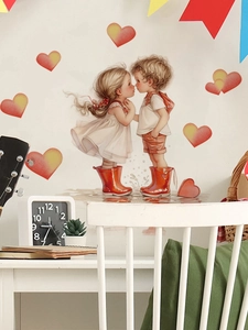 Détail sticker mural enfants avec bottes de pluie et cœurs rouges pour chambre