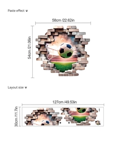 3D football breaking through wall sticker size dimensions for bedroom home decoration