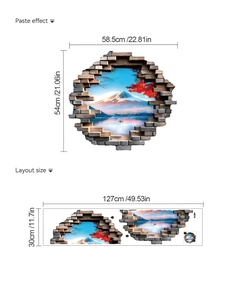 Detail showing 3D snow mountain wall sticker layout and applied size measurements