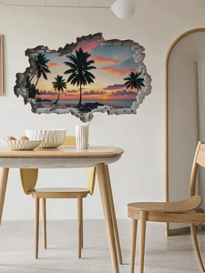 Detailed 3D wall sticker showing tropical beach sunset and palm trees through a broken wall