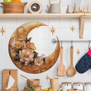 Stickers muraux lune dorée et étoiles avec motifs floraux vintage pour décoration murale