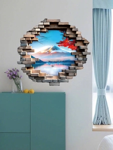 Detail of 3D cracked wall sticker showing snow mountain lake view and red maple trees