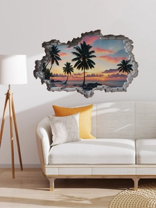Detail of 3D broken wall sea view sticker with tropical palm trees and sunset in a living room