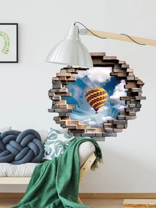 Sticker mural 3D détaillé avec montgolfière colorée et effet de mur brisé réaliste