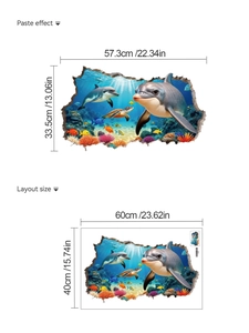 Detailed 3D dolphin wall sticker layout showing paste effect and product dimensions