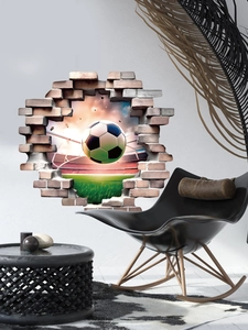 Detailed 3D wall sticker featuring a soccer ball breaking through a red brick wall