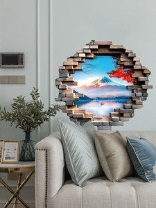 Detailed 3D wall sticker view showing a snowy mountain and red maple trees through a brick wall