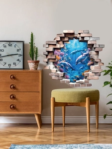 Detail of 3D broken wall sea life sticker with realistic dolphins and coral reef in room