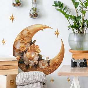 Stickers muraux PVC lune et étoiles dorées pour décoration élégante de chambre et de salon