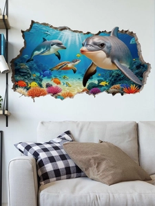 Detail of 3D dolphin wall sticker with ocean life and broken wall effect in living room