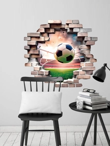 Detailed 3D soccer stadium wall decal showing a ball breaking through a brick wall on a white surface