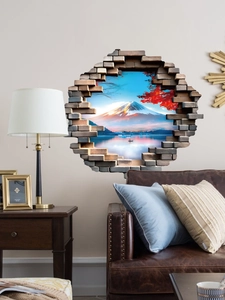 Detail of 3D cracked wall sticker showing Mount Fuji lake view for living room decor
