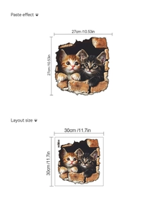 3D cat wall sticker showing paste effect and original layout size for home decor