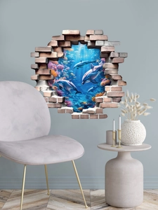 Detail showing 3D wall sticker with ocean dolphin scene and faux red brick texture