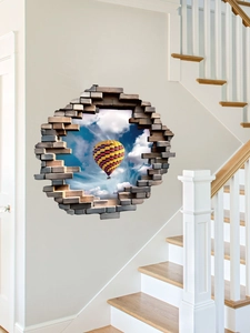 Détail de l'autocollant mural 3D effet mur cassé avec montgolfière pour décoration d'intérieur