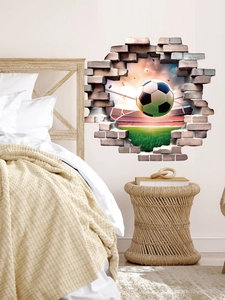 Detailed 3D soccer ball breaking through wall sticker with stadium background for kids room