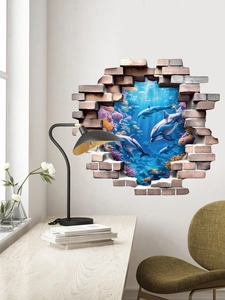 Detail of 3D cracked wall decal showing dolphins and underwater sea life for home decor