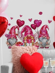 Detail view of pink Valentine Gnomes wall stickers in a cozy home living room setting
