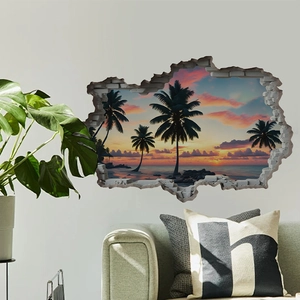 3D tropical beach sunset wall sticker with creative broken wall effect and coconut palm silhouettes