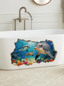 3D ocean dolphins wall decal sticker with turtles and corals applied on a bathtub side